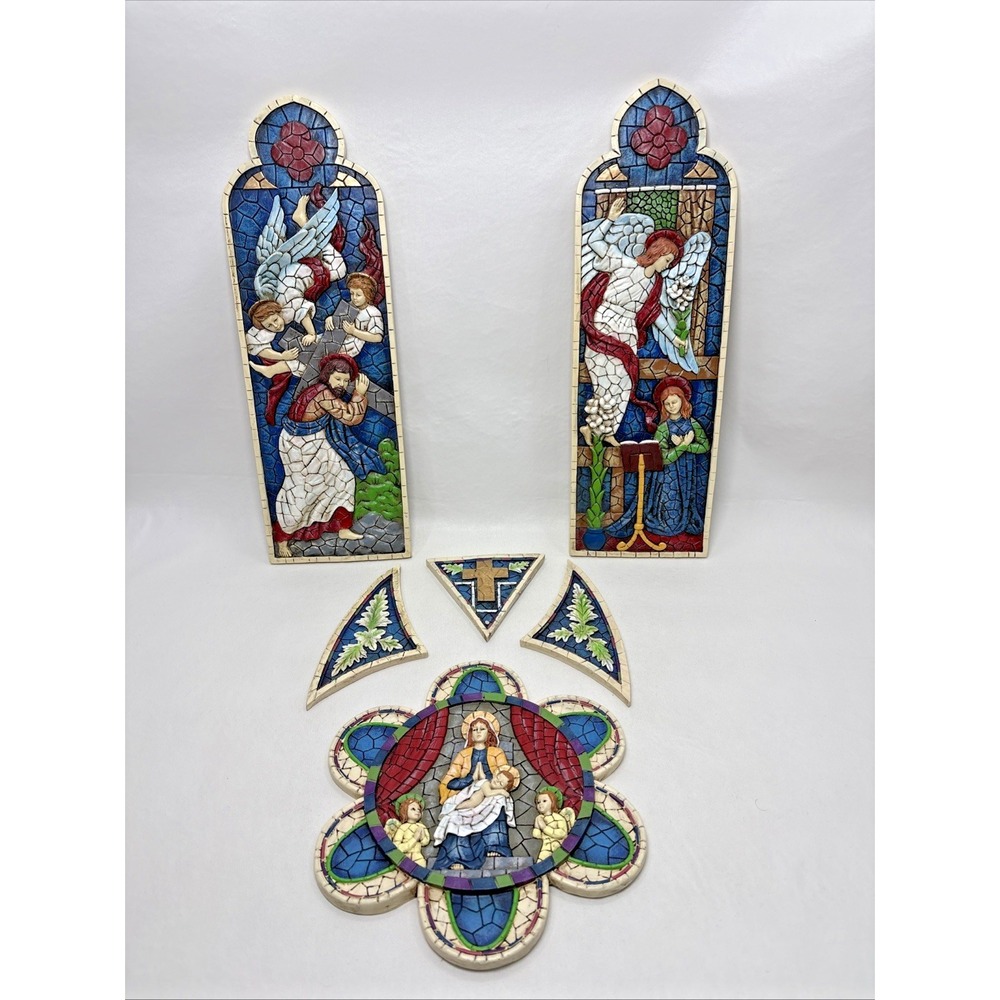 Set of Mosaic Style Religious Ceramic 3D Wall Hanging Plaques Mary & Jesus Angel